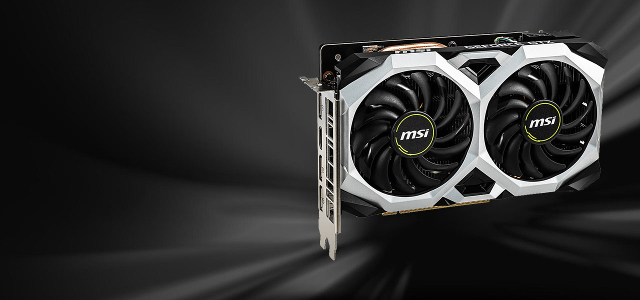 Front angle view of this MSI graphics card, revealing its video ouputs